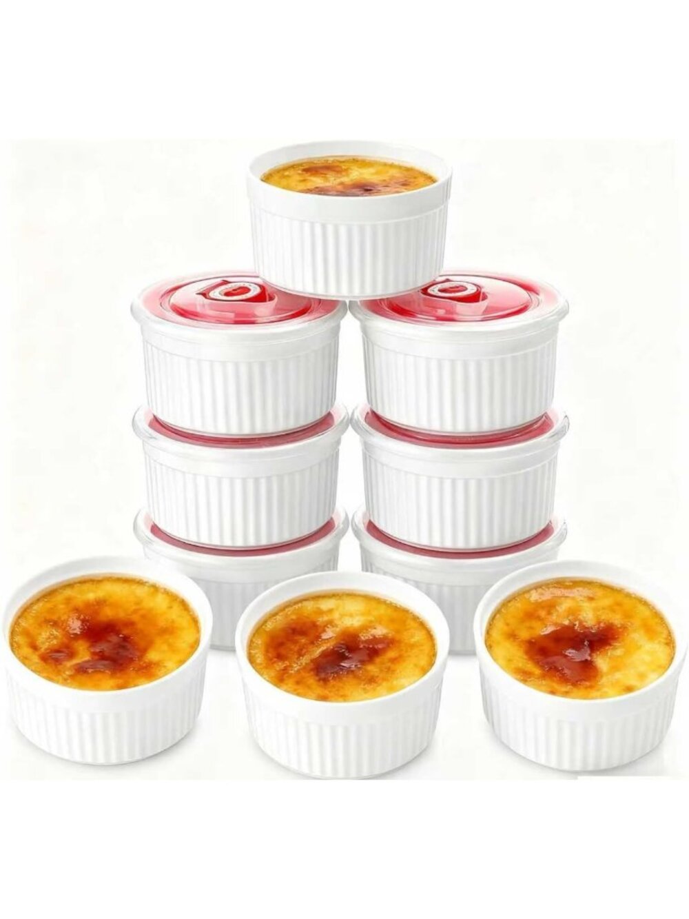 Set of 6 Porcelain Ramekins with Lids - 8 oz Baking Cups for Souffle, Desserts